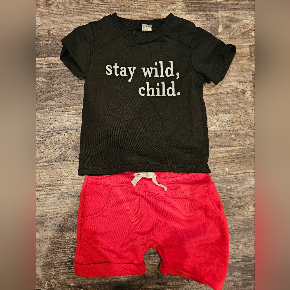 Black Graphic Tee and Red Shorts Set